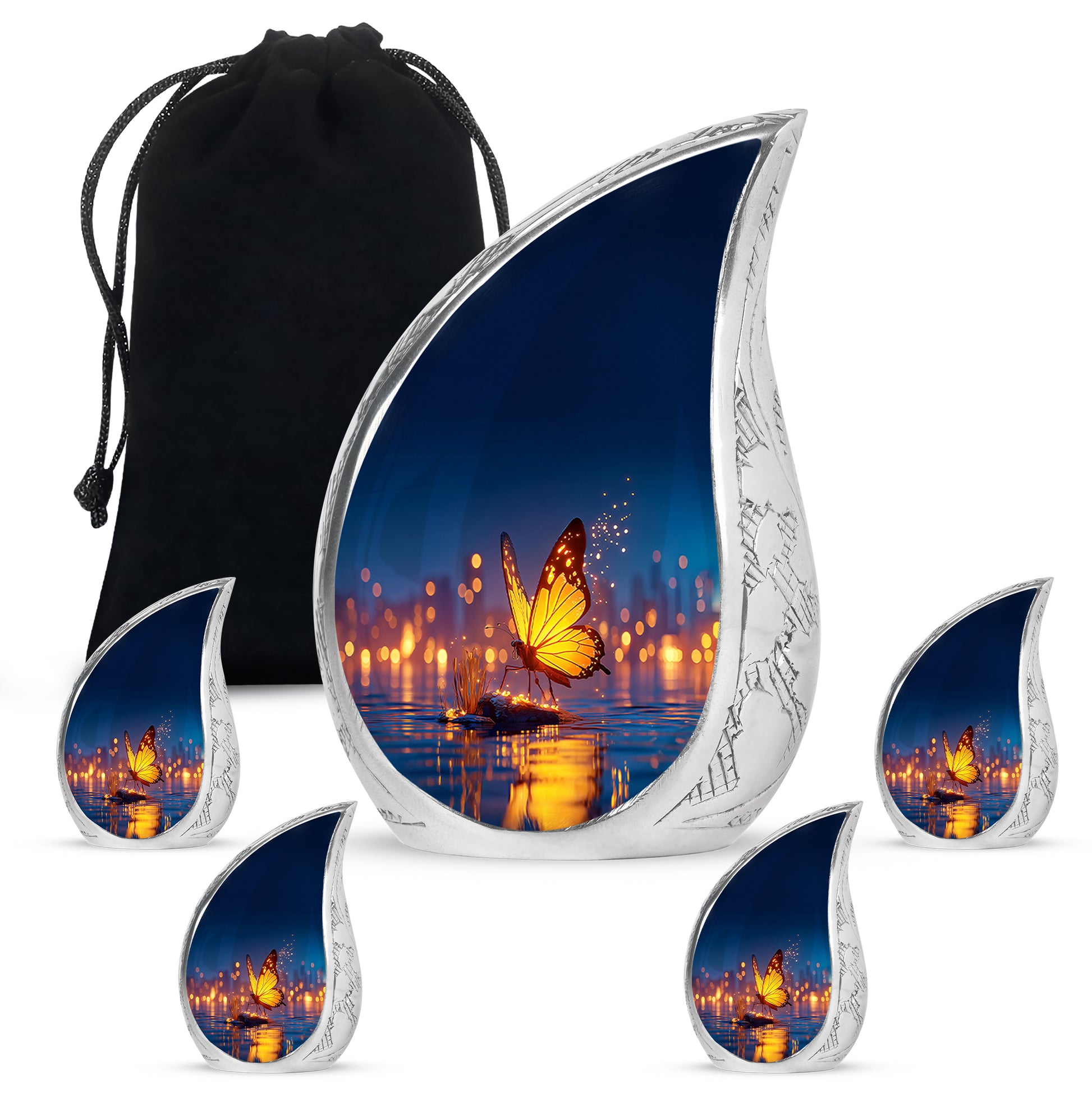 Indigo Butterfly Cremation Urn side profile showing urn shape - flowing teardrop butterfly silhouette on curved aluminum - memorial set with one large and four small urns
