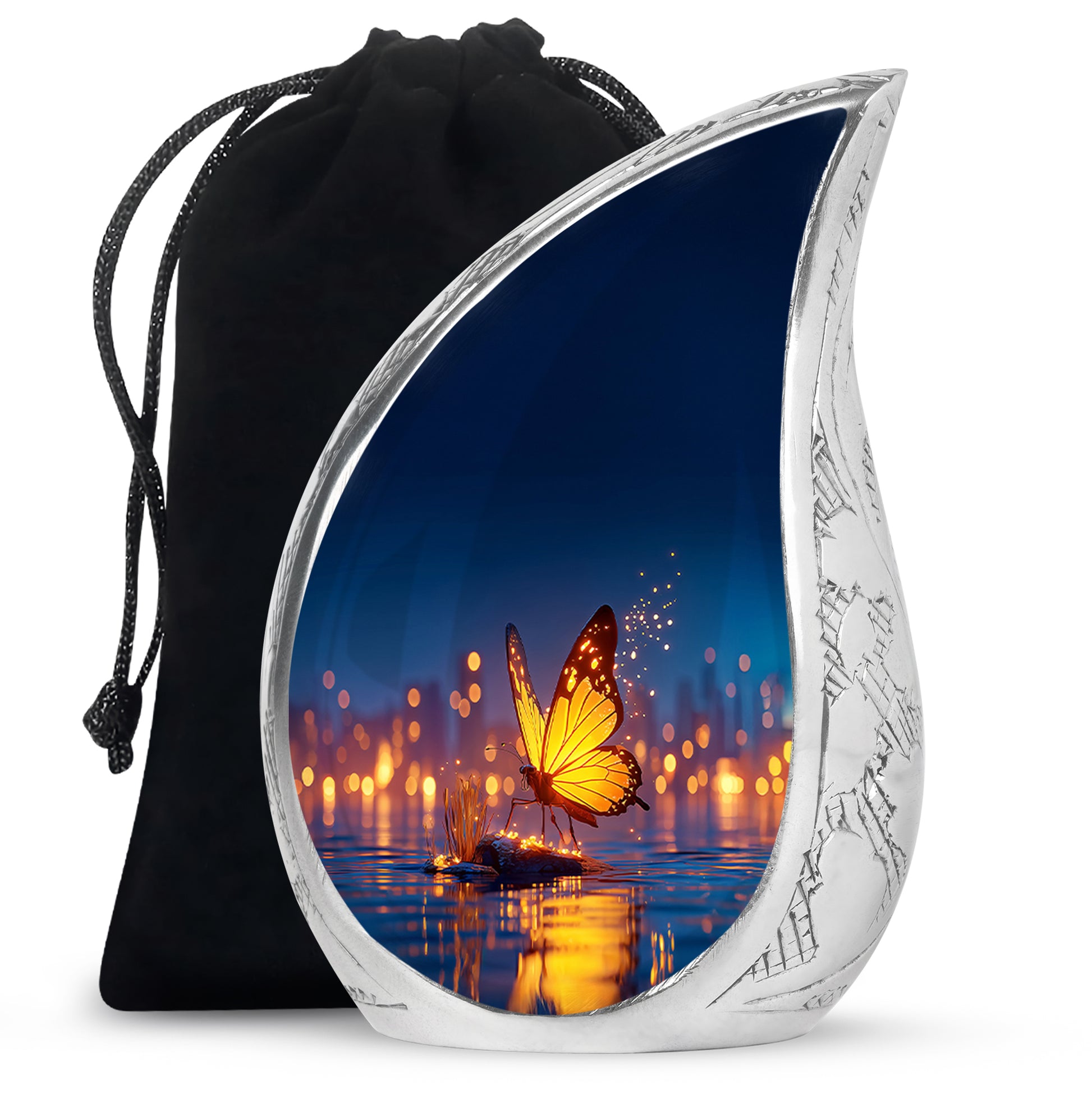 Azure Butterfly Cremation Urn front view showing detailed design - flowing teardrop butterfly silhouette on curved aluminum - full-size 10 inch 200 cubic inch adult cremation urn
