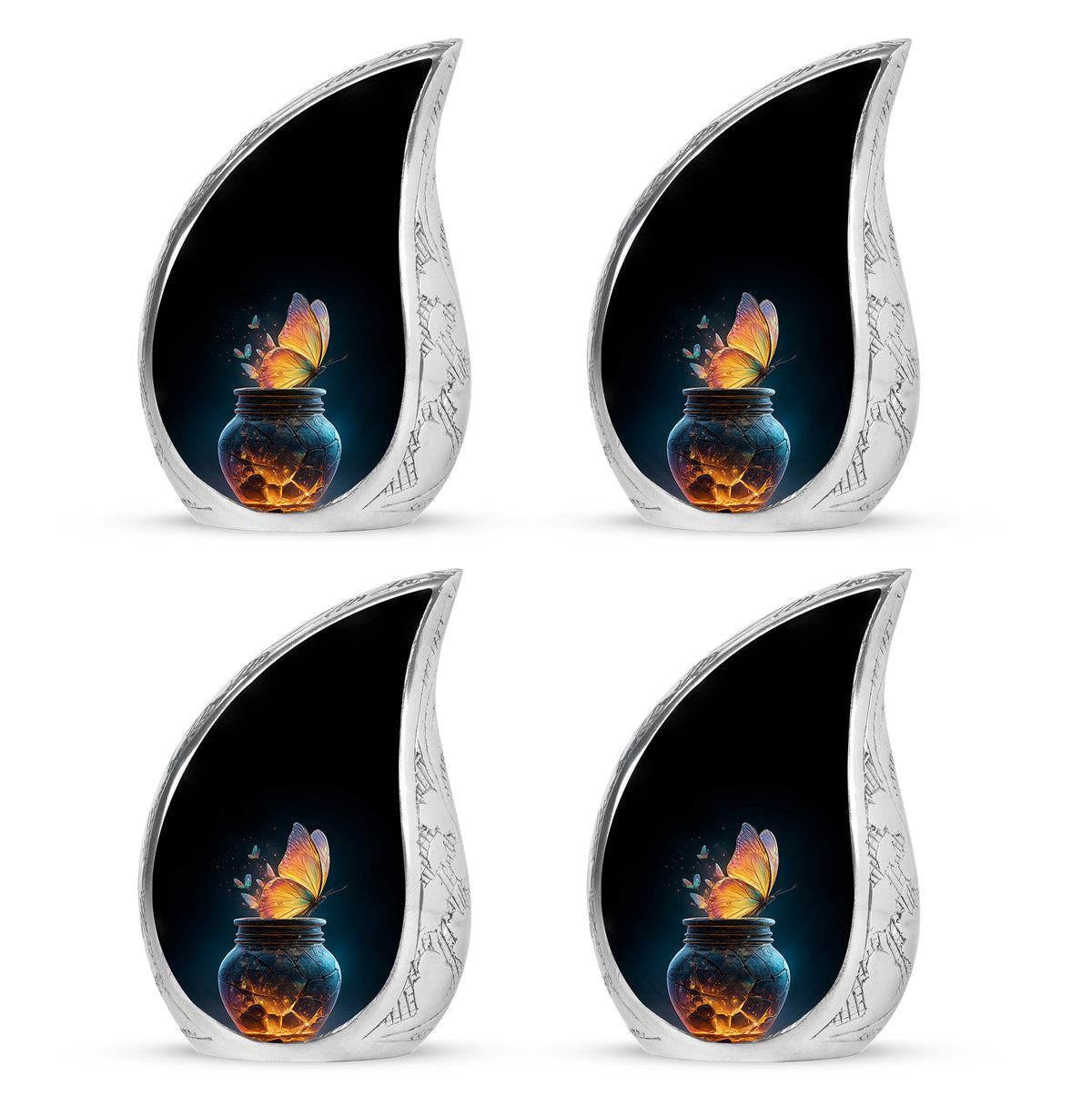 Obsidian Black Butterfly Cremation Urn close-up of engraving and surface detail - smooth teardrop contour featuring butterfly art - 10 inch aluminum urn for cremated remains