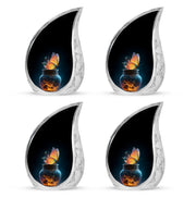 Obsidian Black Butterfly Cremation Urn close-up of engraving and surface detail - smooth teardrop contour featuring butterfly art - 10 inch aluminum urn for cremated remains