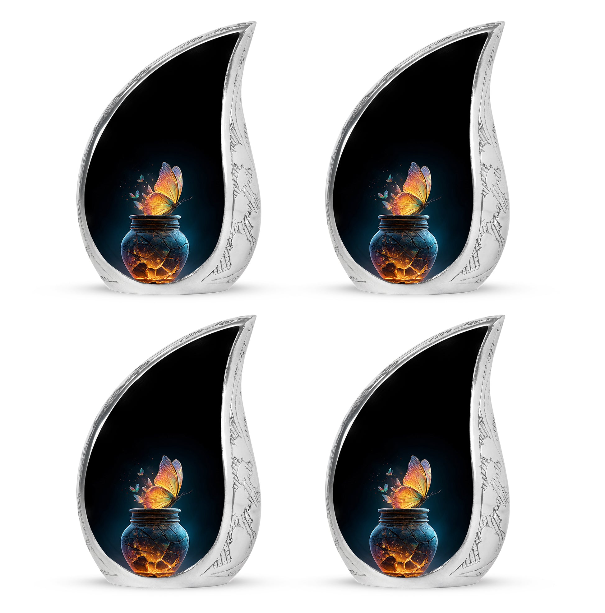 Obsidian Black Butterfly Cremation Urn close-up of engraving and surface detail - smooth teardrop contour featuring butterfly art - 10 inch aluminum urn for cremated remains