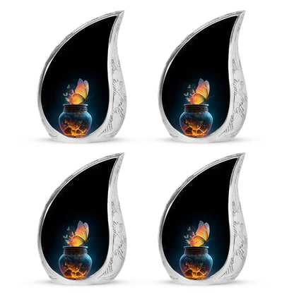 Obsidian Black Butterfly Cremation Urn close-up of engraving and surface detail - smooth teardrop contour featuring butterfly art - 10 inch aluminum urn for cremated remains