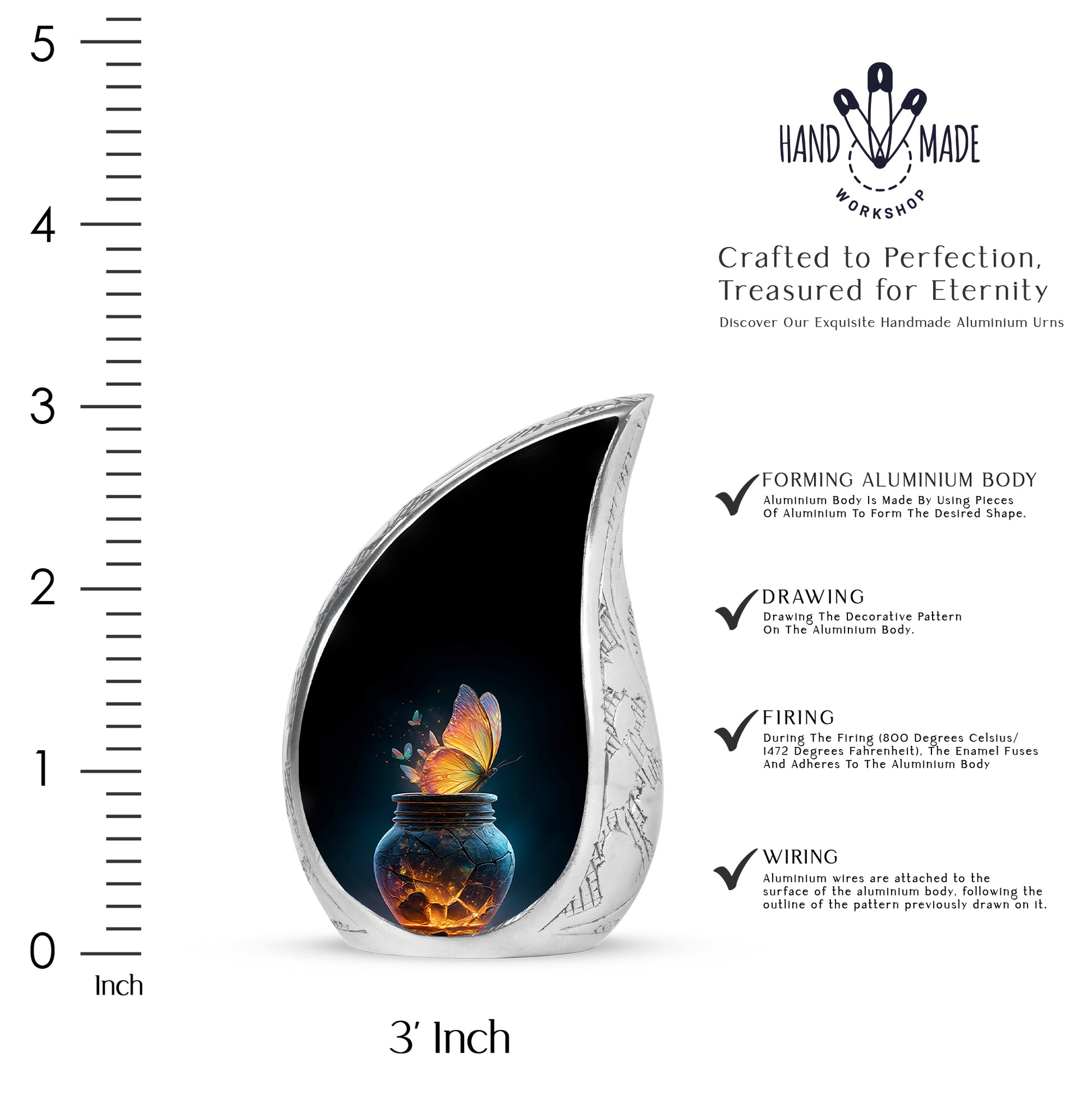 Onyx Black Butterfly Cremation Urn angled view of lid and engraved motif - smooth teardrop contour featuring butterfly art - mini keepsake memorial for portion of cremation ashes