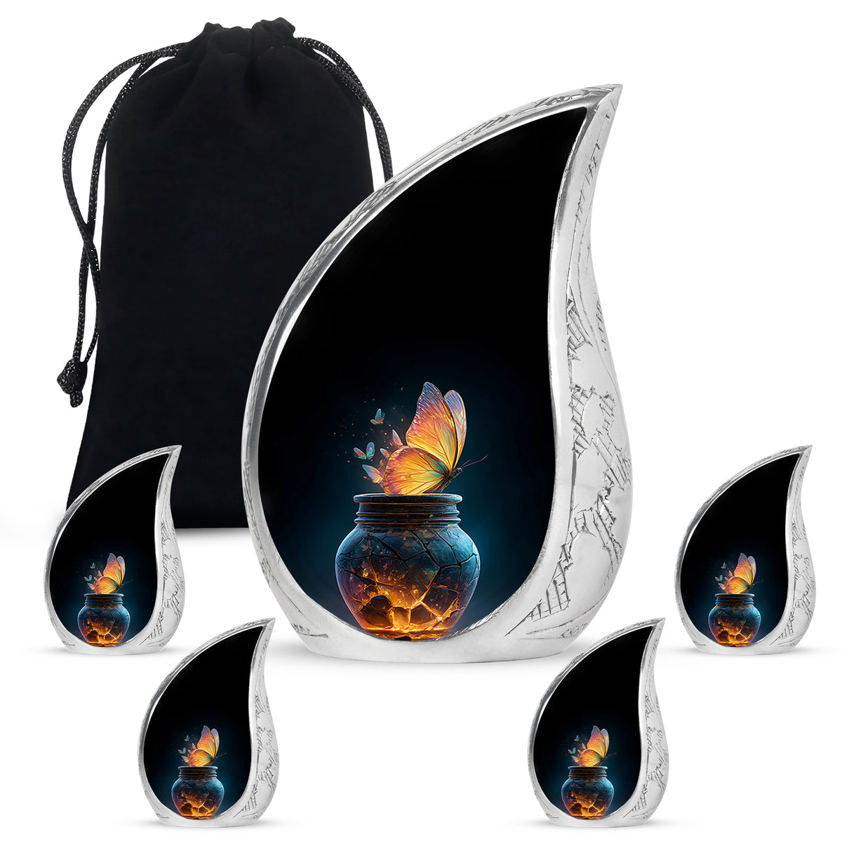 Glossy Black Butterfly Cremation Urn side profile showing urn shape - rounded teardrop butterfly design with delicate detail - memorial set with one large and four small urns