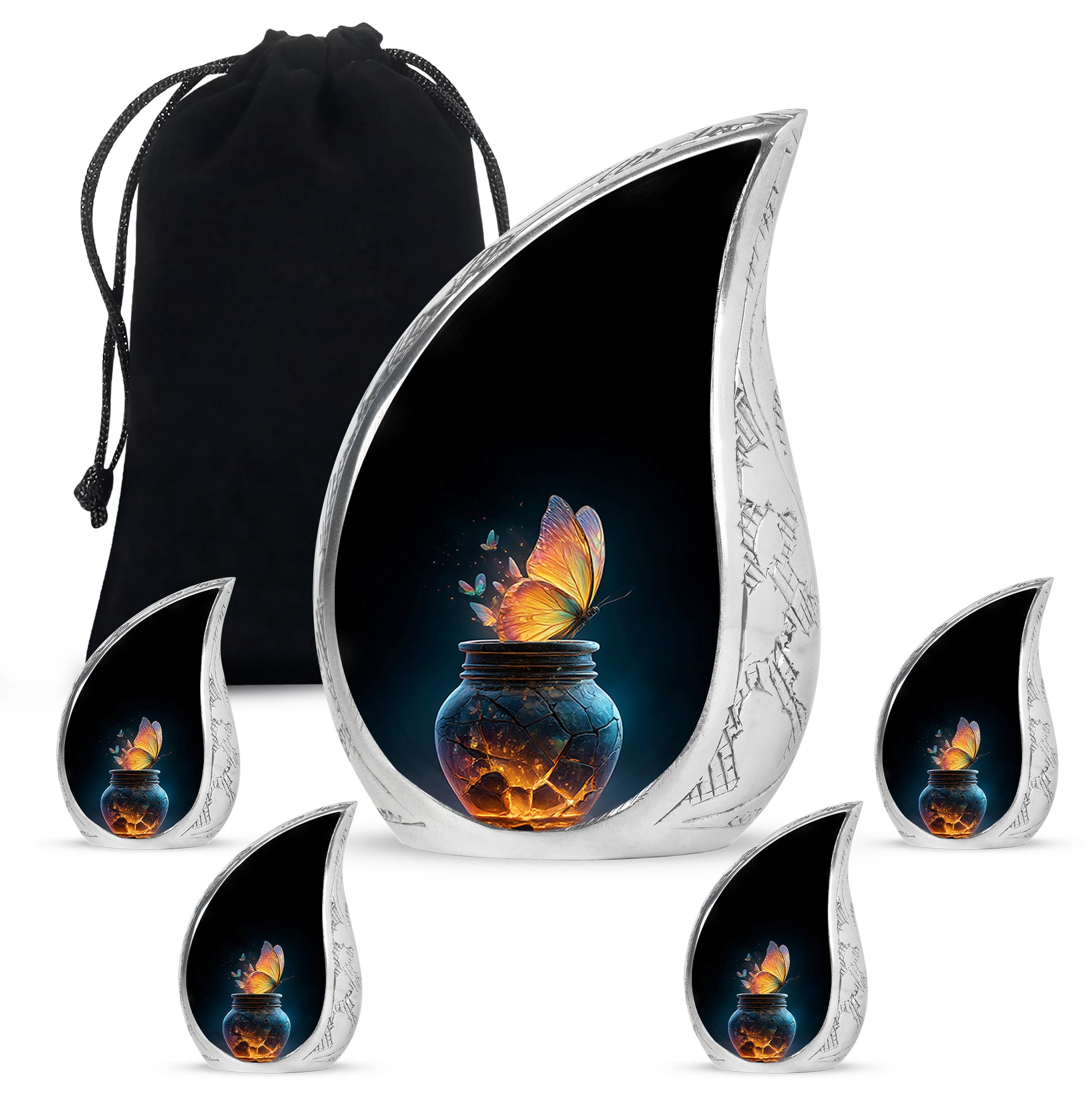 Glossy Black Butterfly Cremation Urn side profile showing urn shape - rounded teardrop butterfly design with delicate detail - memorial set with one large and four small urns