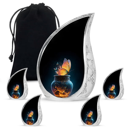 Glossy Black Butterfly Cremation Urn side profile showing urn shape - rounded teardrop butterfly design with delicate detail - memorial set with one large and four small urns