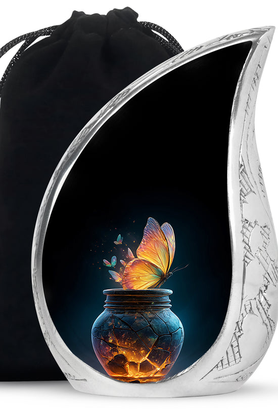 Onyx Black Butterfly Cremation Urn front view showing detailed design - graceful tear-shaped urn with butterfly motif - full-size 10 inch 200 cubic inch adult cremation urn