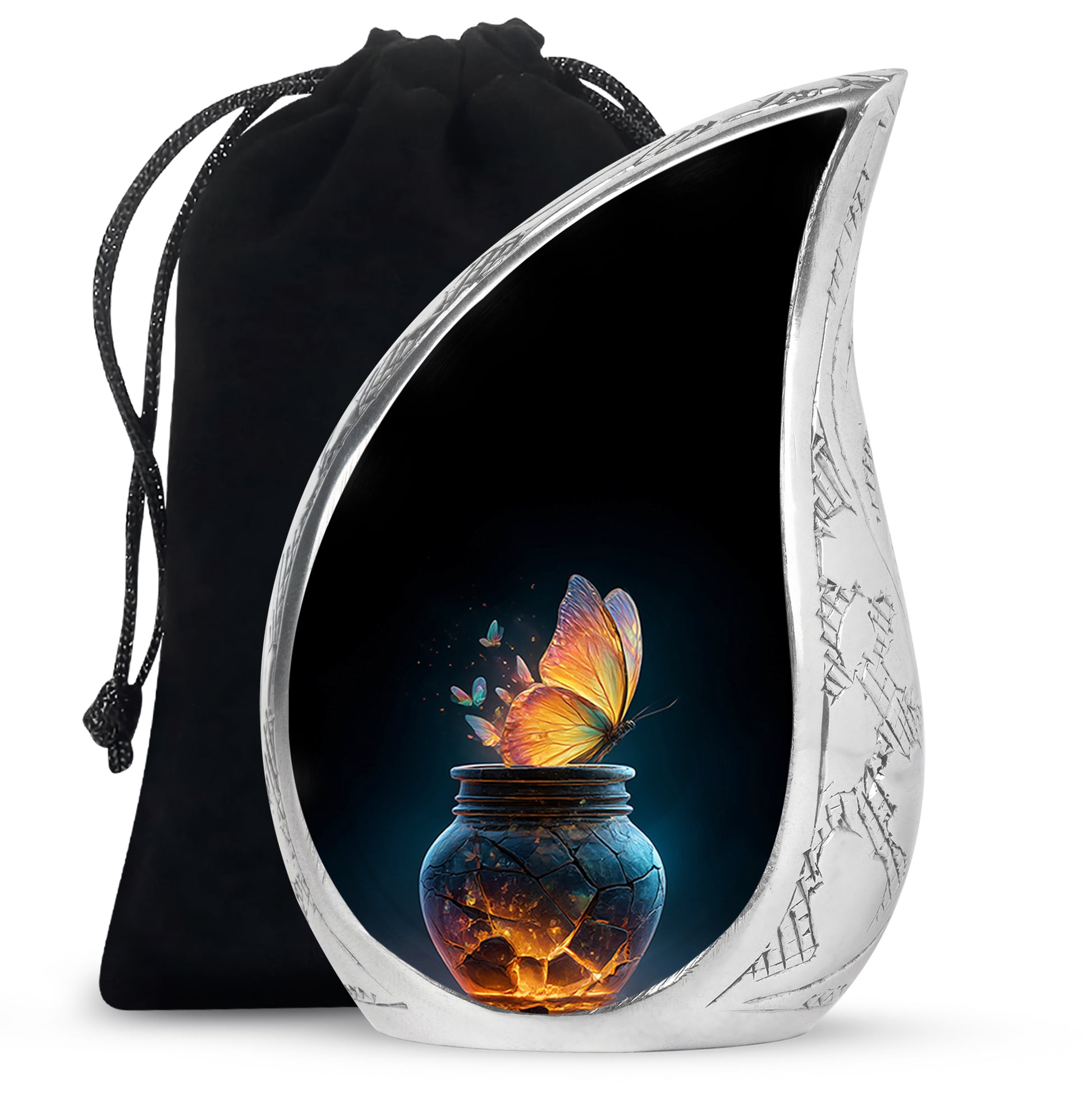 Onyx Black Butterfly Cremation Urn front view showing detailed design - graceful tear-shaped urn with butterfly motif - full-size 10 inch 200 cubic inch adult cremation urn