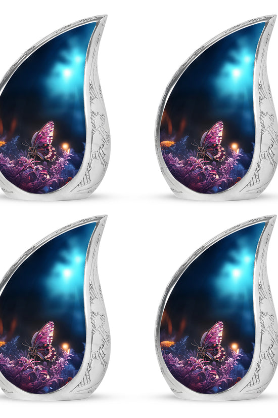 Glossy Black Butterfly Cremation Urn close-up of engraving and surface detail - rounded teardrop butterfly design with delicate detail - 10 inch aluminum urn for cremated remains