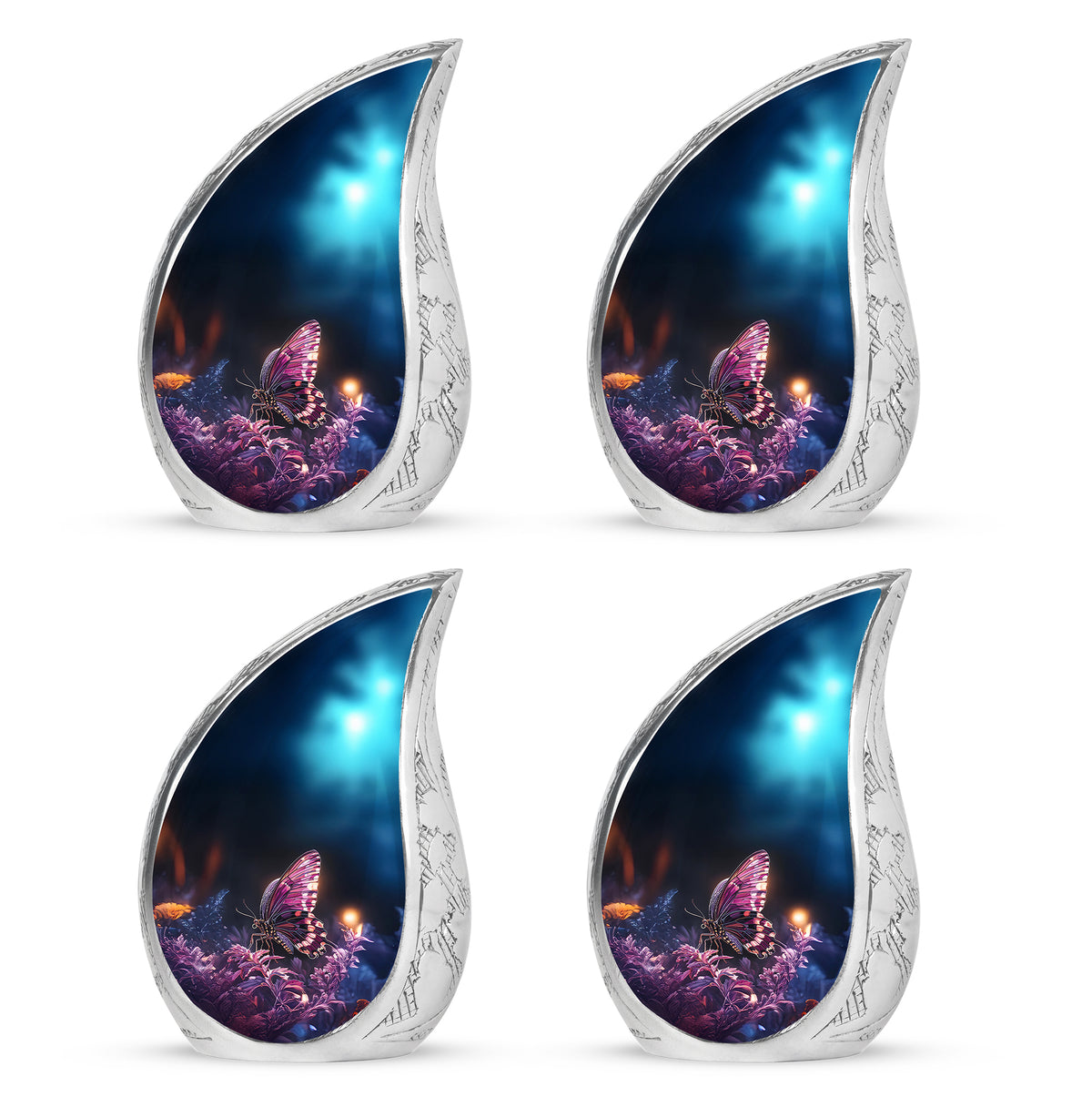 Glossy Black Butterfly Cremation Urn close-up of engraving and surface detail - rounded teardrop butterfly design with delicate detail - 10 inch aluminum urn for cremated remains