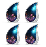 Glossy Black Butterfly Cremation Urn close-up of engraving and surface detail - rounded teardrop butterfly design with delicate detail - 10 inch aluminum urn for cremated remains