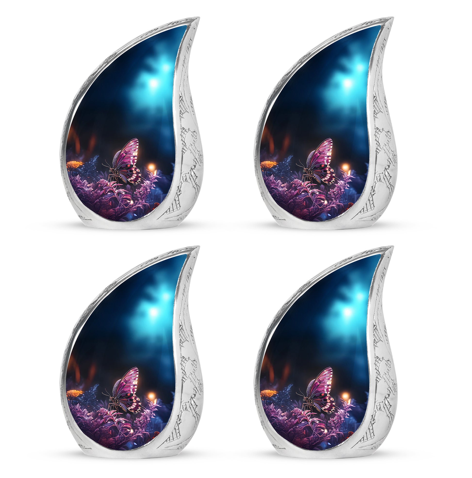 Glossy Black Butterfly Cremation Urn close-up of engraving and surface detail - rounded teardrop butterfly design with delicate detail - 10 inch aluminum urn for cremated remains