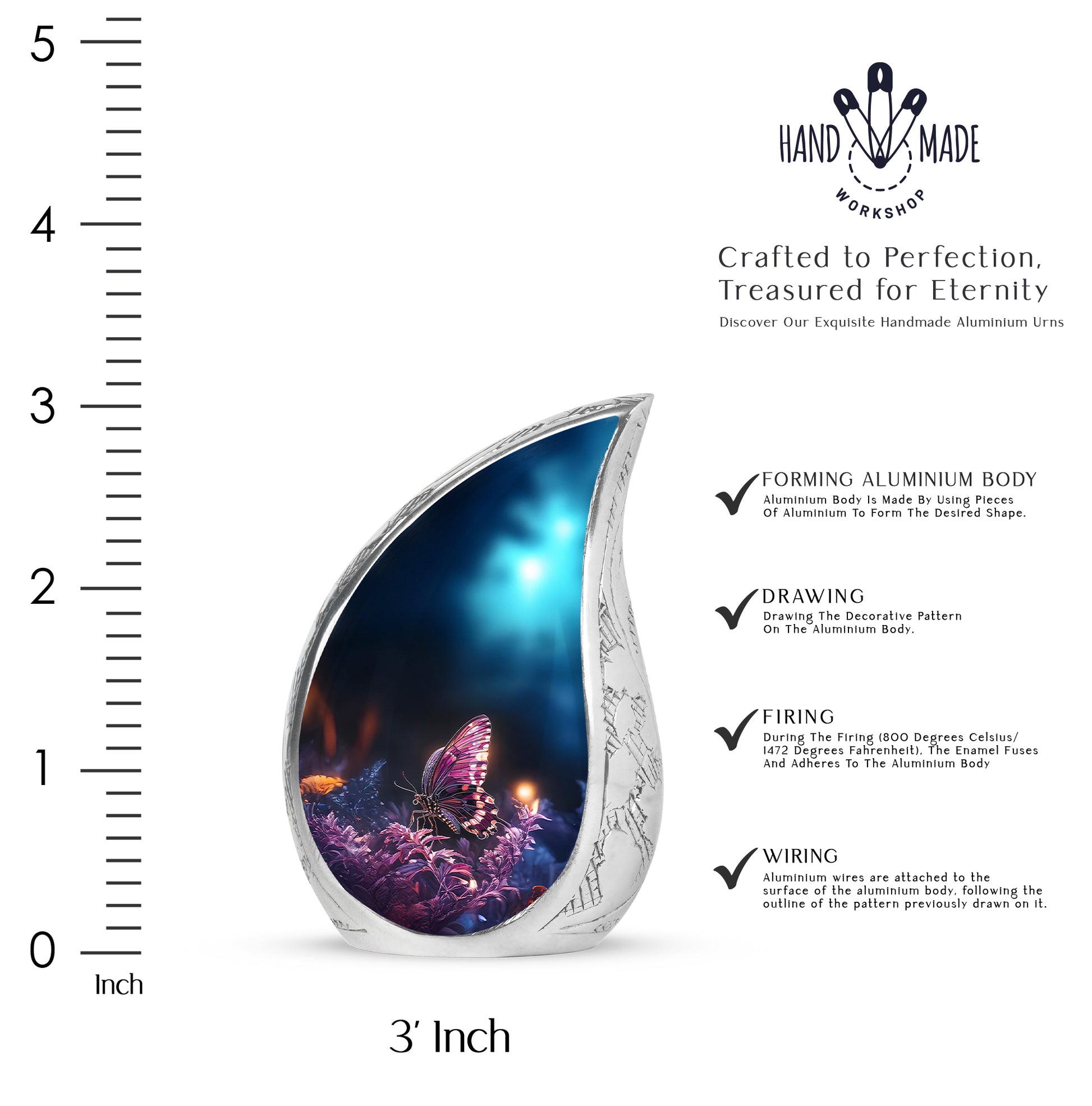 Obsidian Black Butterfly Cremation Urn angled view of lid and engraved motif - smooth teardrop contour featuring butterfly art - mini keepsake memorial for portion of cremation ashes