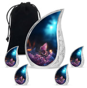 Midnight Black Butterfly Cremation Urn side profile showing urn shape - graceful tear-shaped urn with butterfly motif - memorial set with one large and four small urns