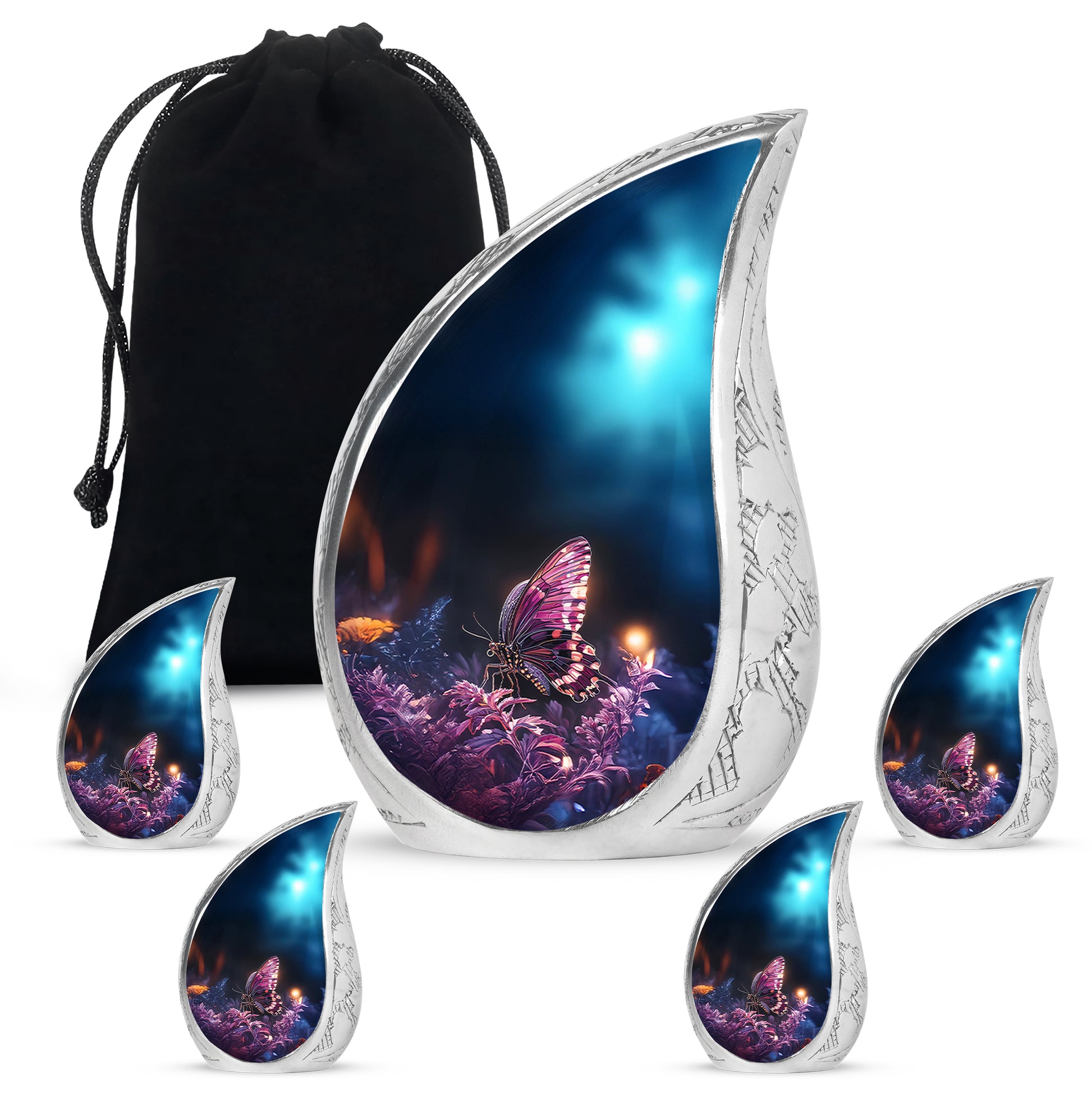 Midnight Black Butterfly Cremation Urn side profile showing urn shape - graceful tear-shaped urn with butterfly motif - memorial set with one large and four small urns