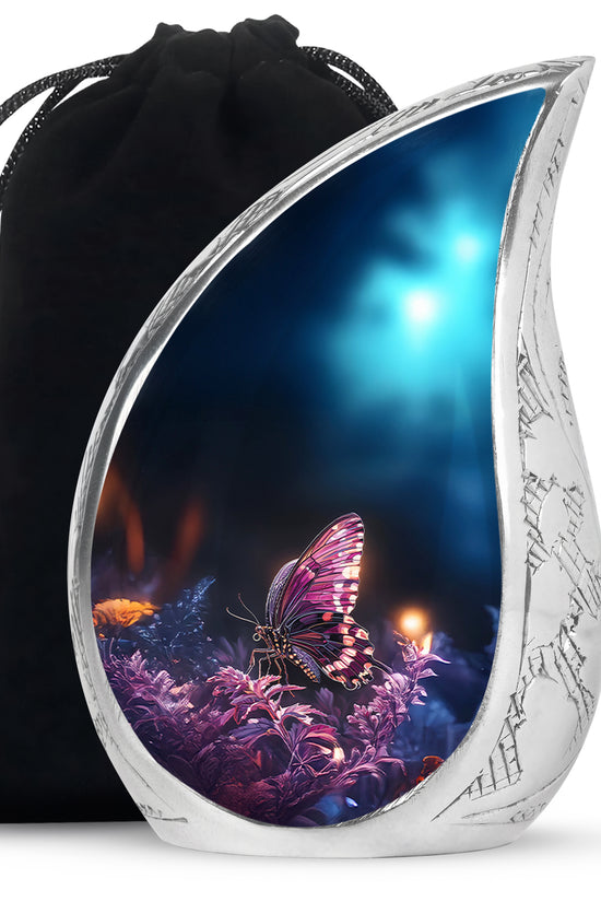 Dark Black Butterfly Cremation Urn front view showing detailed design - graceful tear-shaped urn with butterfly motif - full-size 10 inch 200 cubic inch adult cremation urn