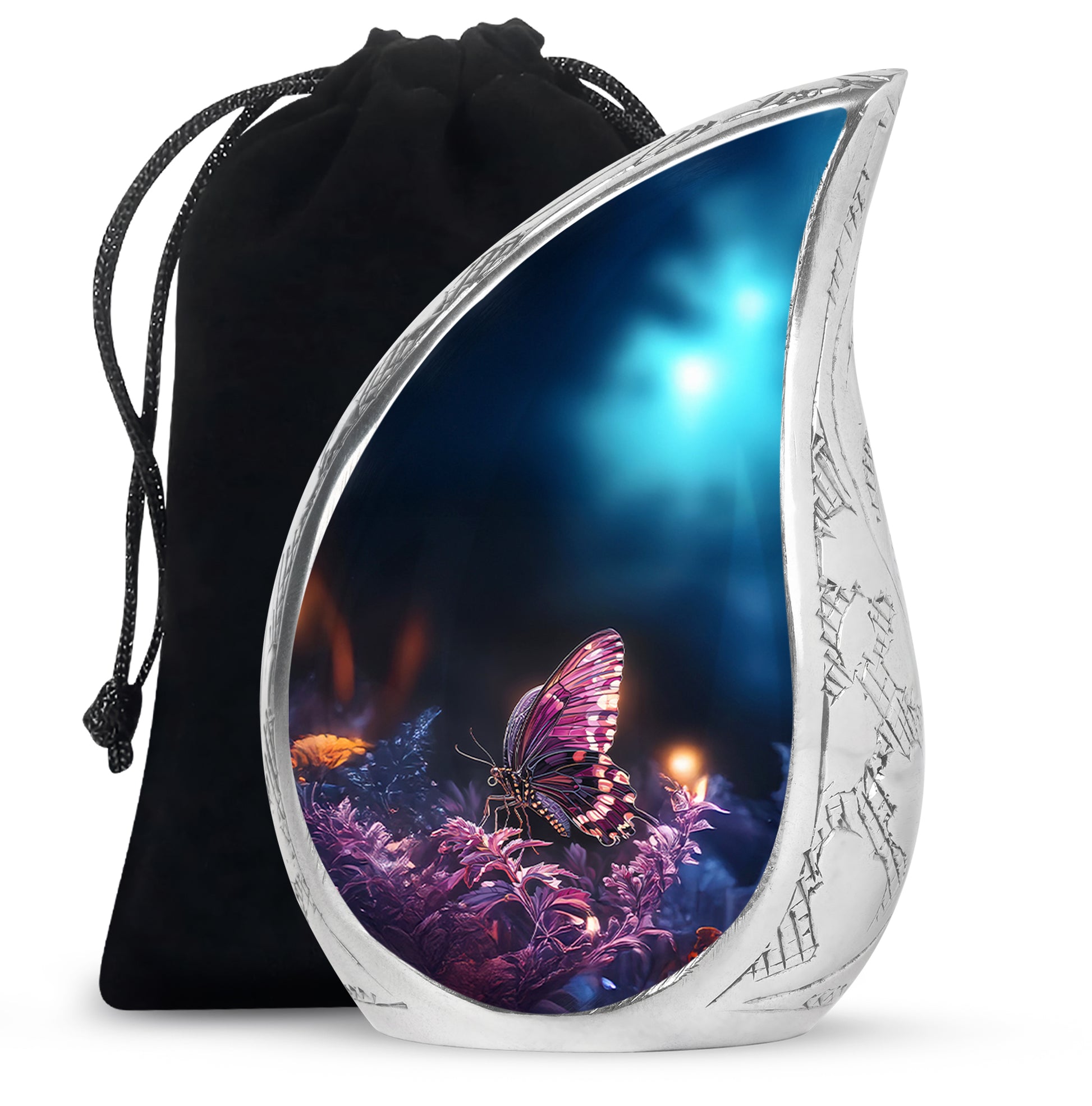 Dark Black Butterfly Cremation Urn front view showing detailed design - graceful tear-shaped urn with butterfly motif - full-size 10 inch 200 cubic inch adult cremation urn
