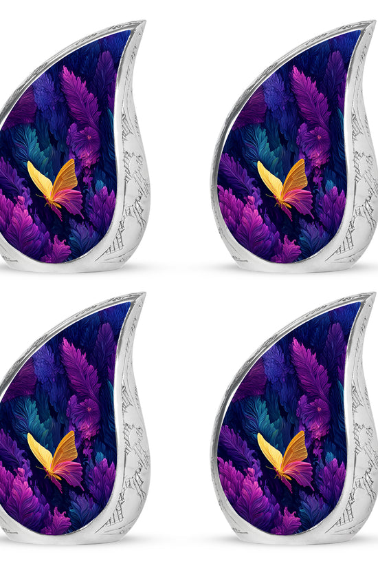 Powder Blue Butterfly Cremation Urn close-up of engraving and surface detail - rounded teardrop butterfly design with delicate detail - 10 inch aluminum urn for cremated remains