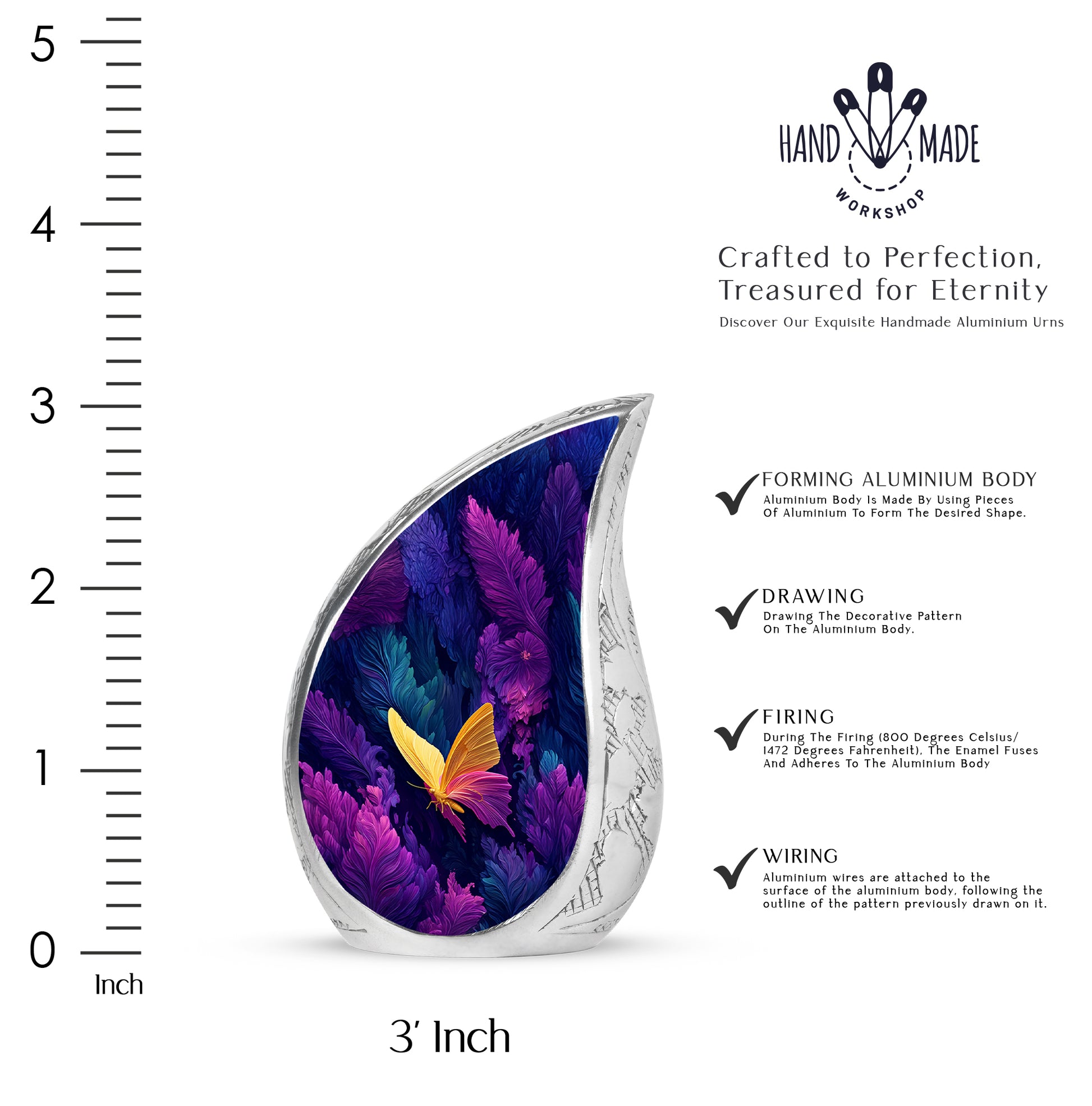 Vivid Blue Butterfly Cremation Urn angled view of lid and engraved motif - smooth teardrop contour featuring butterfly art - mini keepsake memorial for portion of cremation ashes