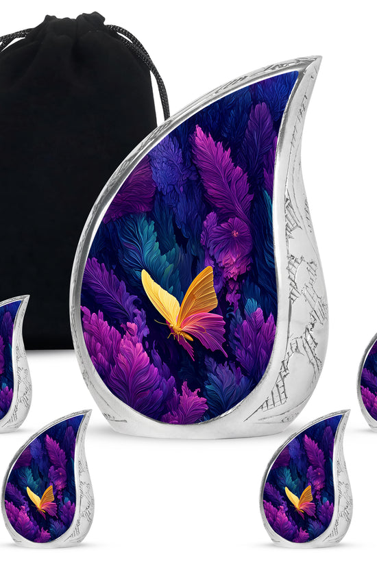 Cornflower Blue Butterfly Cremation Urn side profile showing urn shape - smooth teardrop contour featuring butterfly art - memorial set with one large and four small urns