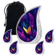 Cornflower Blue Butterfly Cremation Urn side profile showing urn shape - smooth teardrop contour featuring butterfly art - memorial set with one large and four small urns