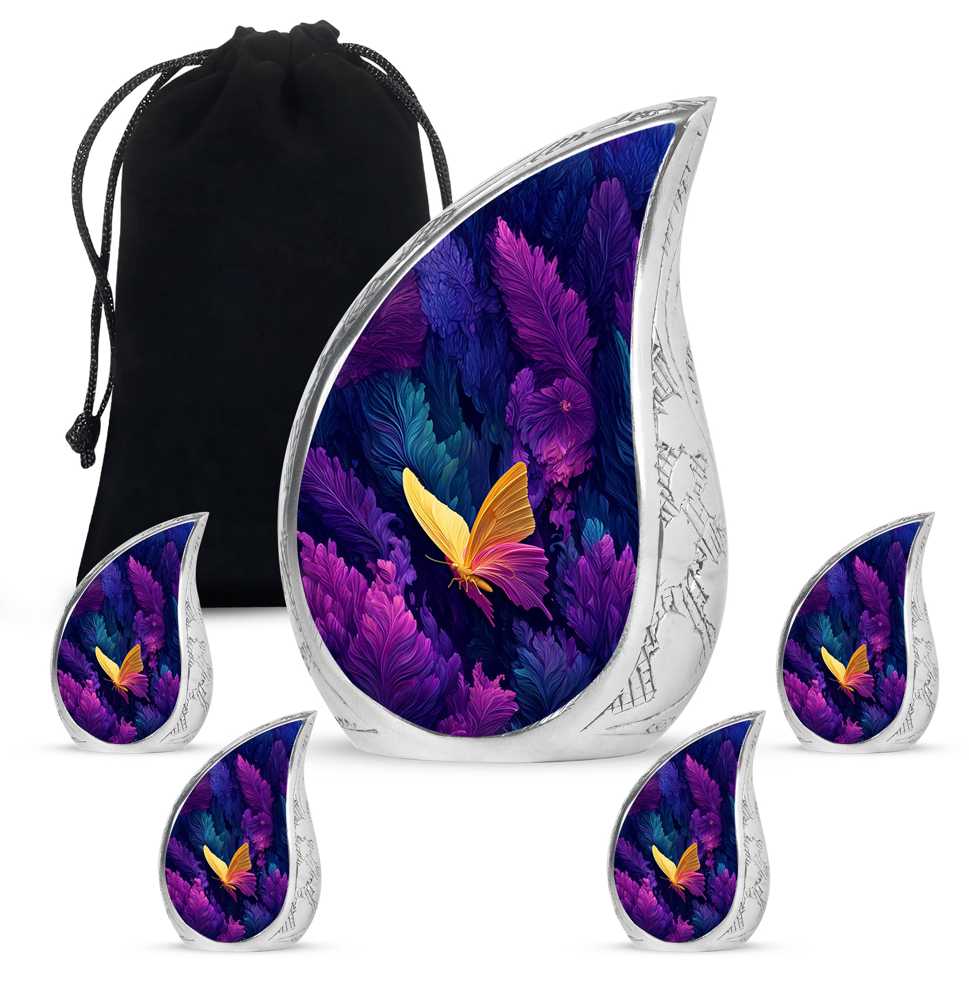 Cornflower Blue Butterfly Cremation Urn side profile showing urn shape - smooth teardrop contour featuring butterfly art - memorial set with one large and four small urns
