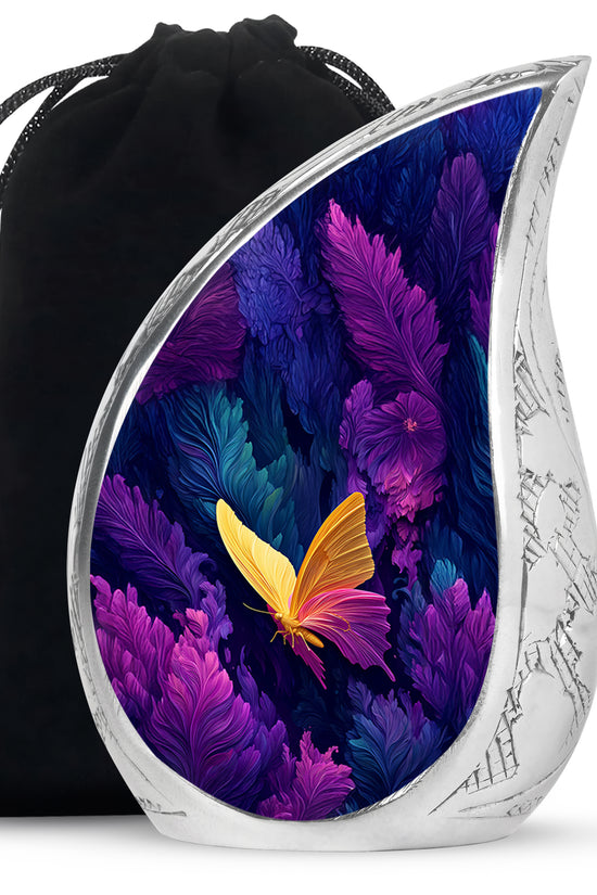 Vivid Blue Butterfly Cremation Urn front view showing detailed design - graceful tear-shaped urn with butterfly motif - full-size 10 inch 200 cubic inch adult cremation urn