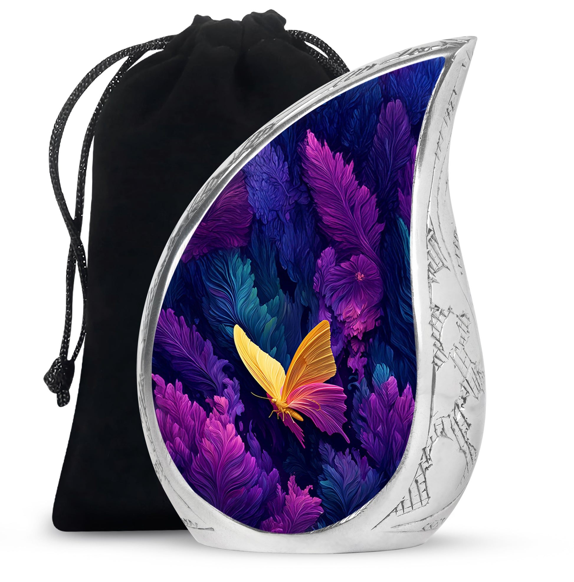 Vivid Blue Butterfly Cremation Urn front view showing detailed design - graceful tear-shaped urn with butterfly motif - full-size 10 inch 200 cubic inch adult cremation urn