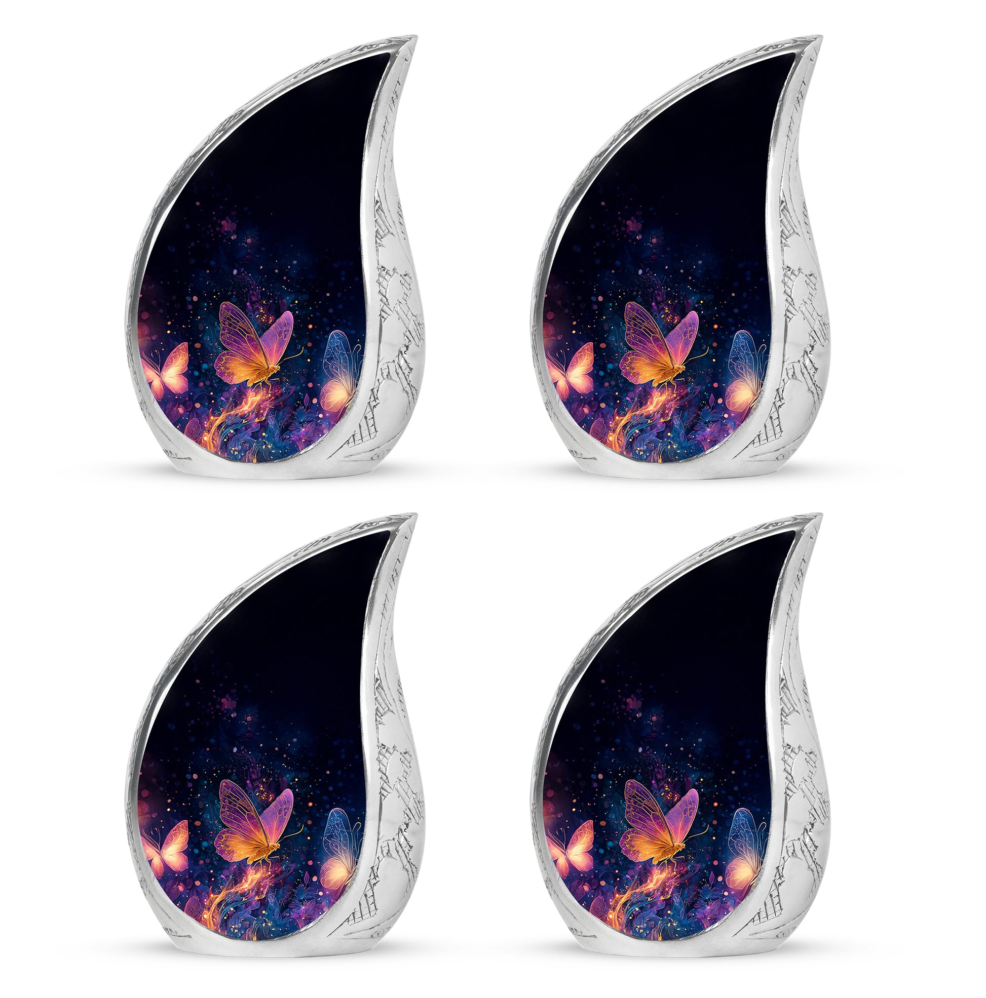 Deep Black Butterfly Cremation Urn close-up of engraving and surface detail - flowing teardrop butterfly silhouette on curved aluminum - 10 inch aluminum urn for cremated remains
