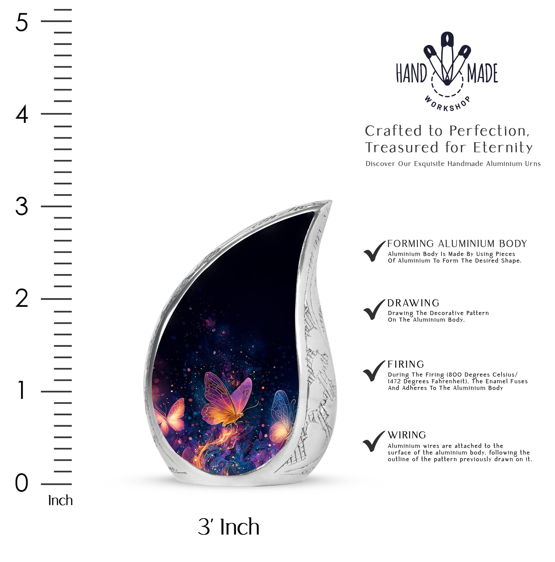 Rich Black Butterfly Cremation Urn angled view of lid and engraved motif - rounded teardrop butterfly design with delicate detail - mini keepsake memorial for portion of cremation ashes