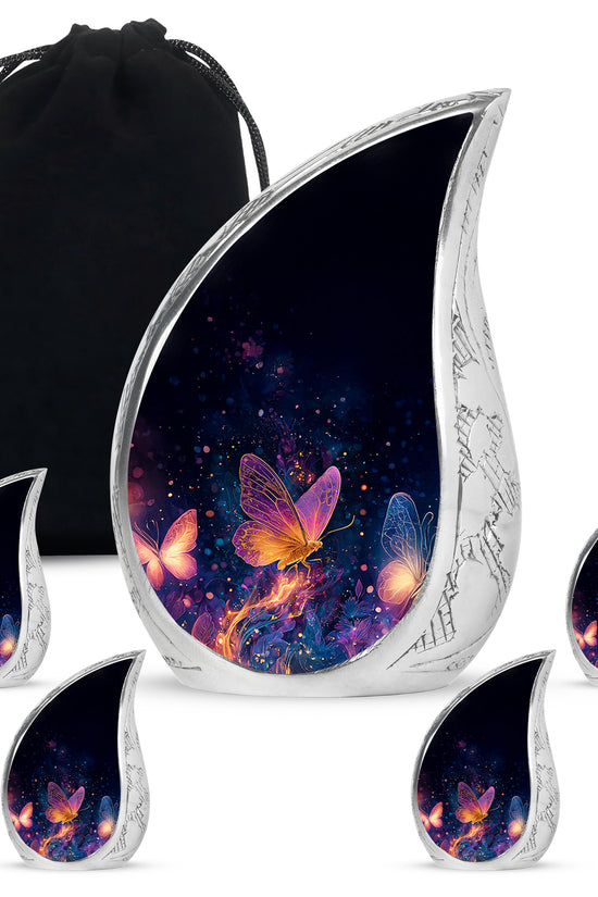 Onyx Black Butterfly Cremation Urn side profile showing urn shape - graceful tear-shaped urn with butterfly motif - memorial set with one large and four small urns