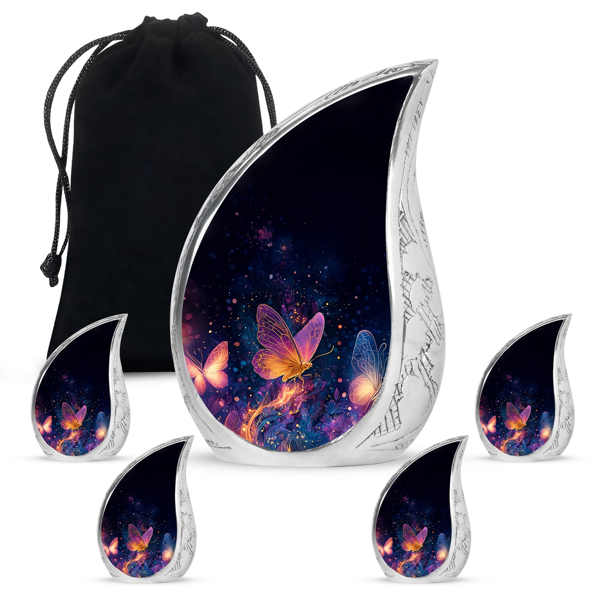 Onyx Black Butterfly Cremation Urn side profile showing urn shape - graceful tear-shaped urn with butterfly motif - memorial set with one large and four small urns