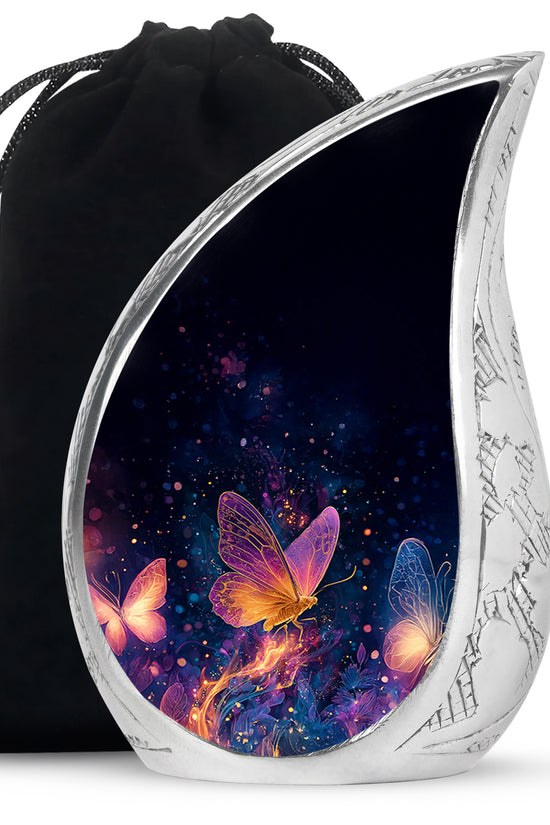Dark Black Butterfly Cremation Urn front view showing detailed design - graceful tear-shaped urn with butterfly motif - full-size 10 inch 200 cubic inch adult cremation urn