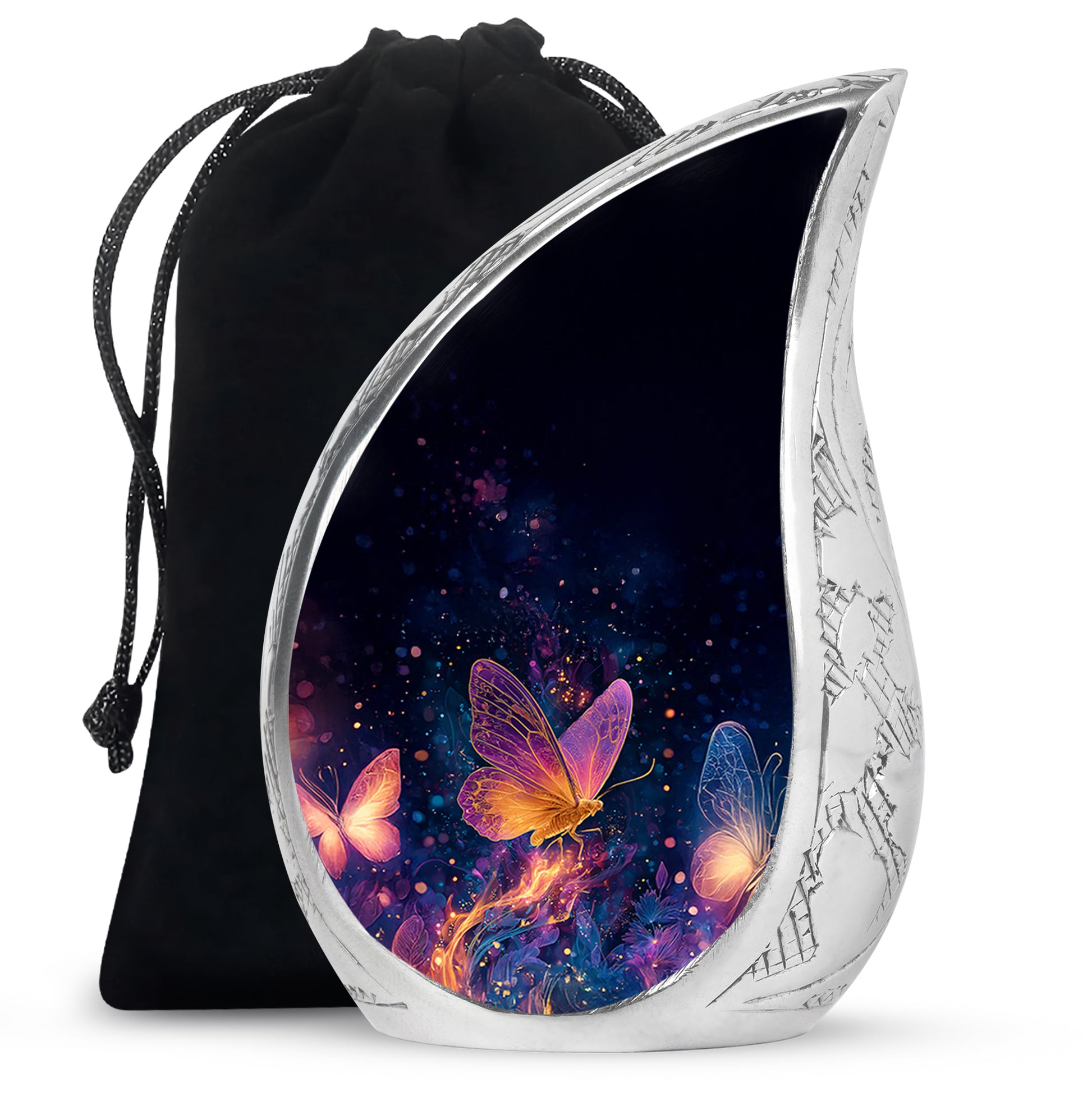 Dark Black Butterfly Cremation Urn front view showing detailed design - graceful tear-shaped urn with butterfly motif - full-size 10 inch 200 cubic inch adult cremation urn