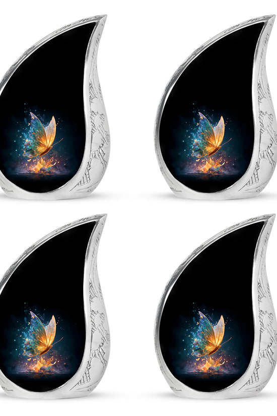 Rich Black Butterfly Cremation Urn close-up of engraving and surface detail - rounded teardrop butterfly design with delicate detail - 10 inch aluminum urn for cremated remains