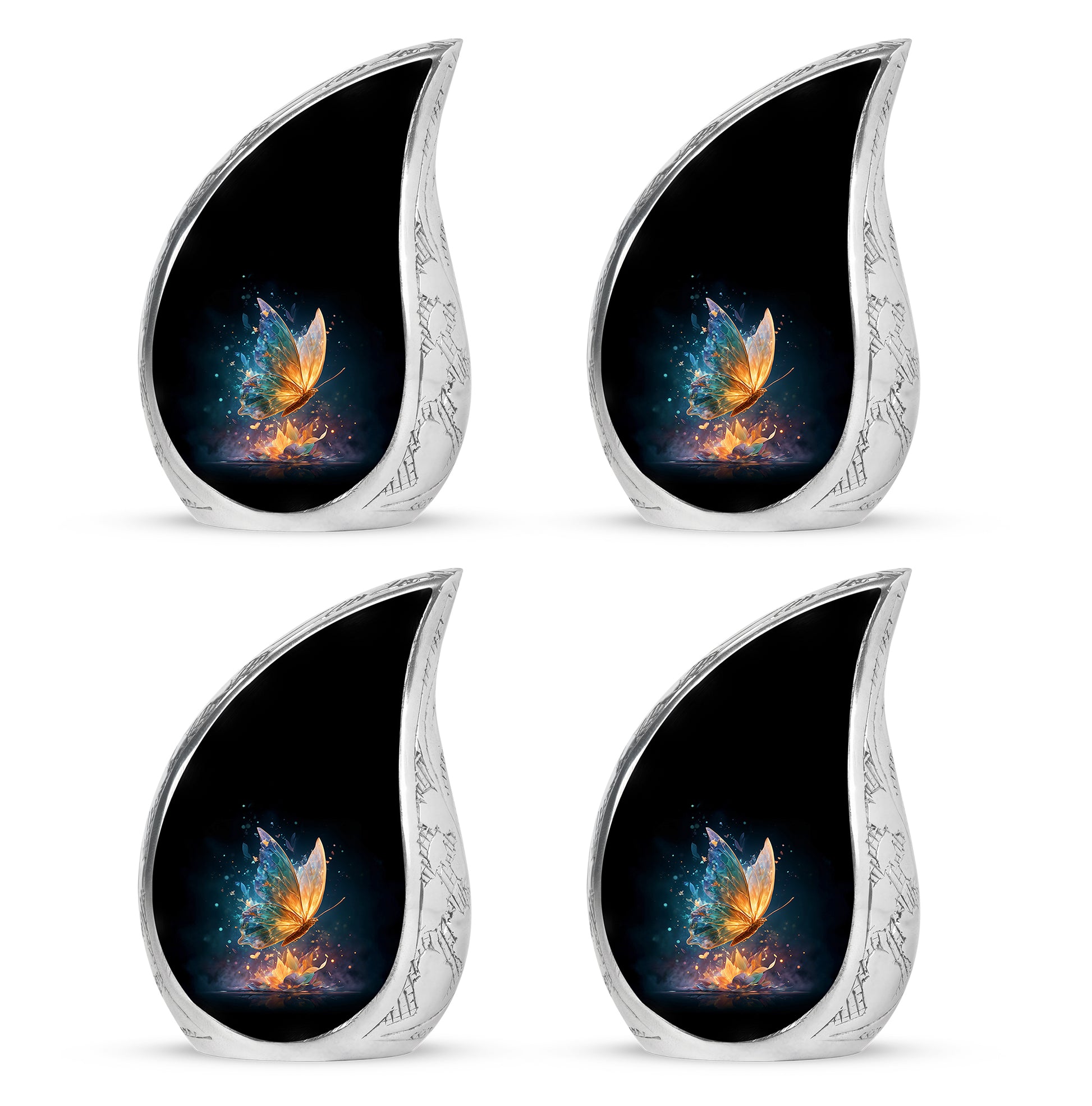 Rich Black Butterfly Cremation Urn close-up of engraving and surface detail - rounded teardrop butterfly design with delicate detail - 10 inch aluminum urn for cremated remains