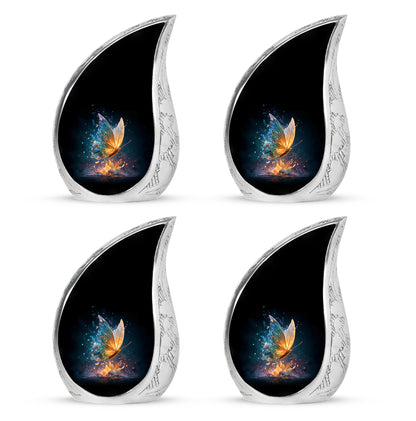 Rich Black Butterfly Cremation Urn close-up of engraving and surface detail - rounded teardrop butterfly design with delicate detail - 10 inch aluminum urn for cremated remains