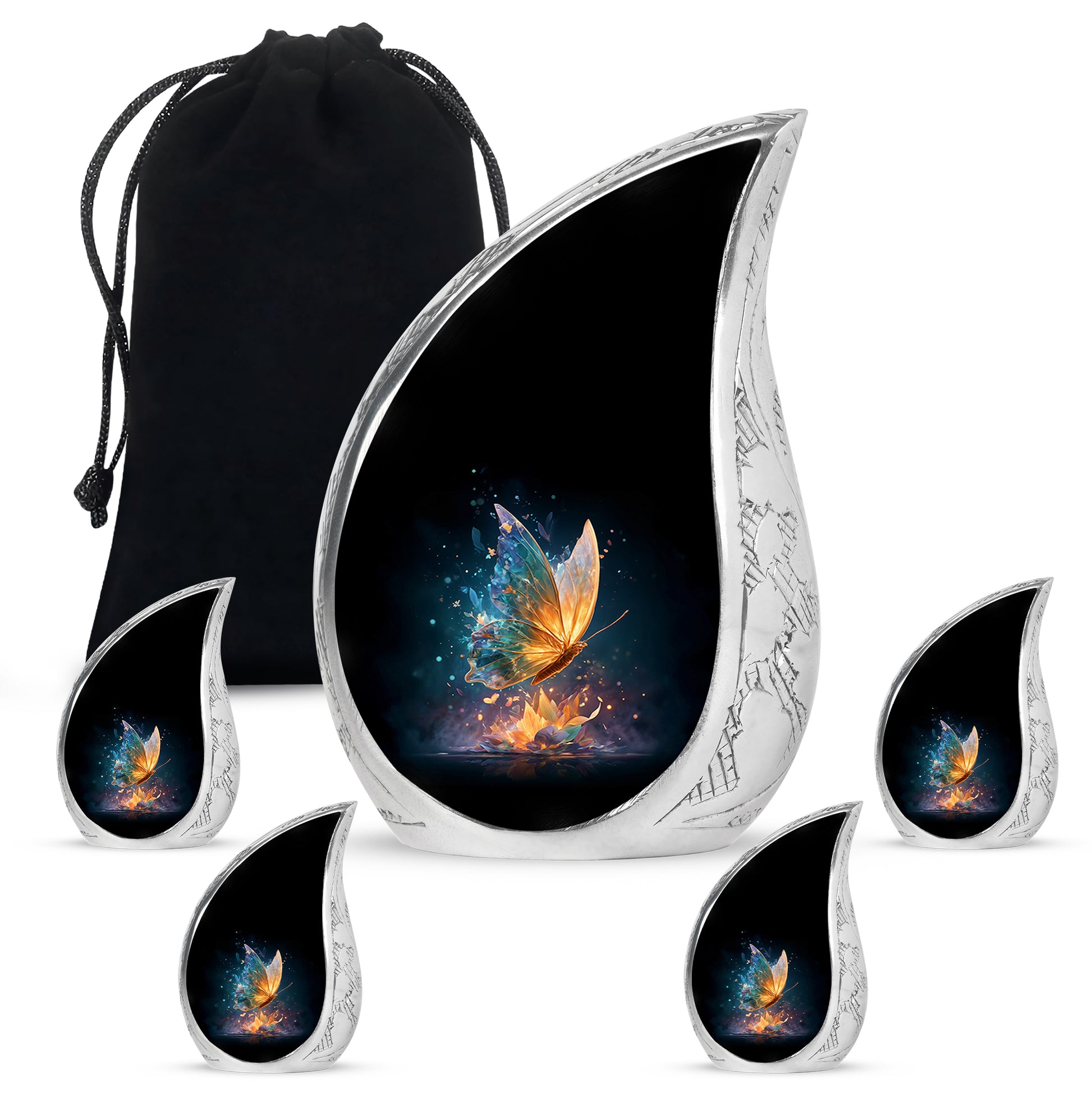 Deep Black Butterfly Cremation Urn side profile showing urn shape - flowing teardrop butterfly silhouette on curved aluminum - memorial set with one large and four small urns