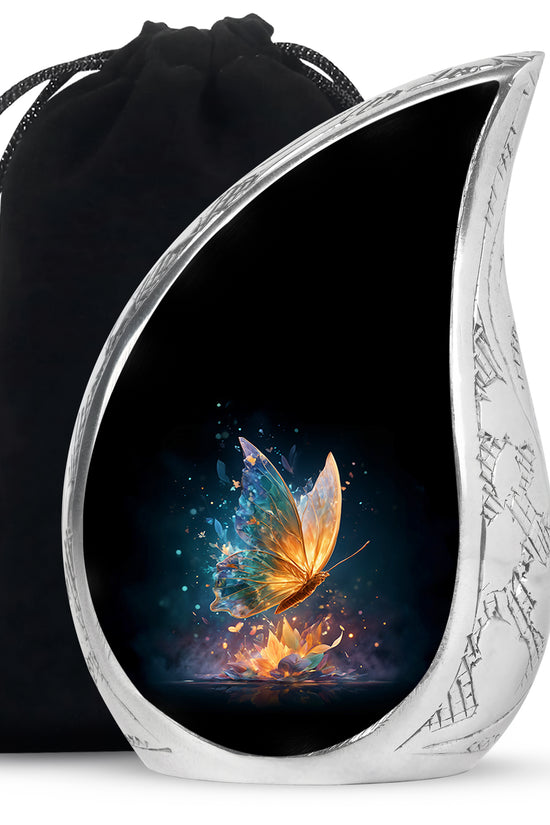 Onyx Black Butterfly Cremation Urn front view showing detailed design - graceful tear-shaped urn with butterfly motif - full-size 10 inch 200 cubic inch adult cremation urn