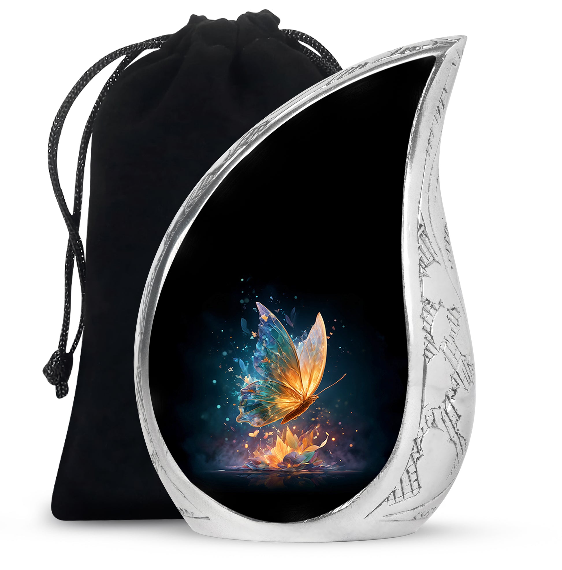 Onyx Black Butterfly Cremation Urn front view showing detailed design - graceful tear-shaped urn with butterfly motif - full-size 10 inch 200 cubic inch adult cremation urn
