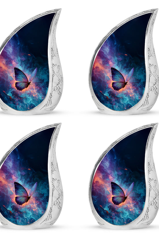 Calming Blue Butterfly Cremation Urn close-up of engraving and surface detail - smooth teardrop contour featuring butterfly art - 10 inch aluminum urn for cremated remains