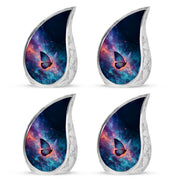 Calming Blue Butterfly Cremation Urn close-up of engraving and surface detail - smooth teardrop contour featuring butterfly art - 10 inch aluminum urn for cremated remains