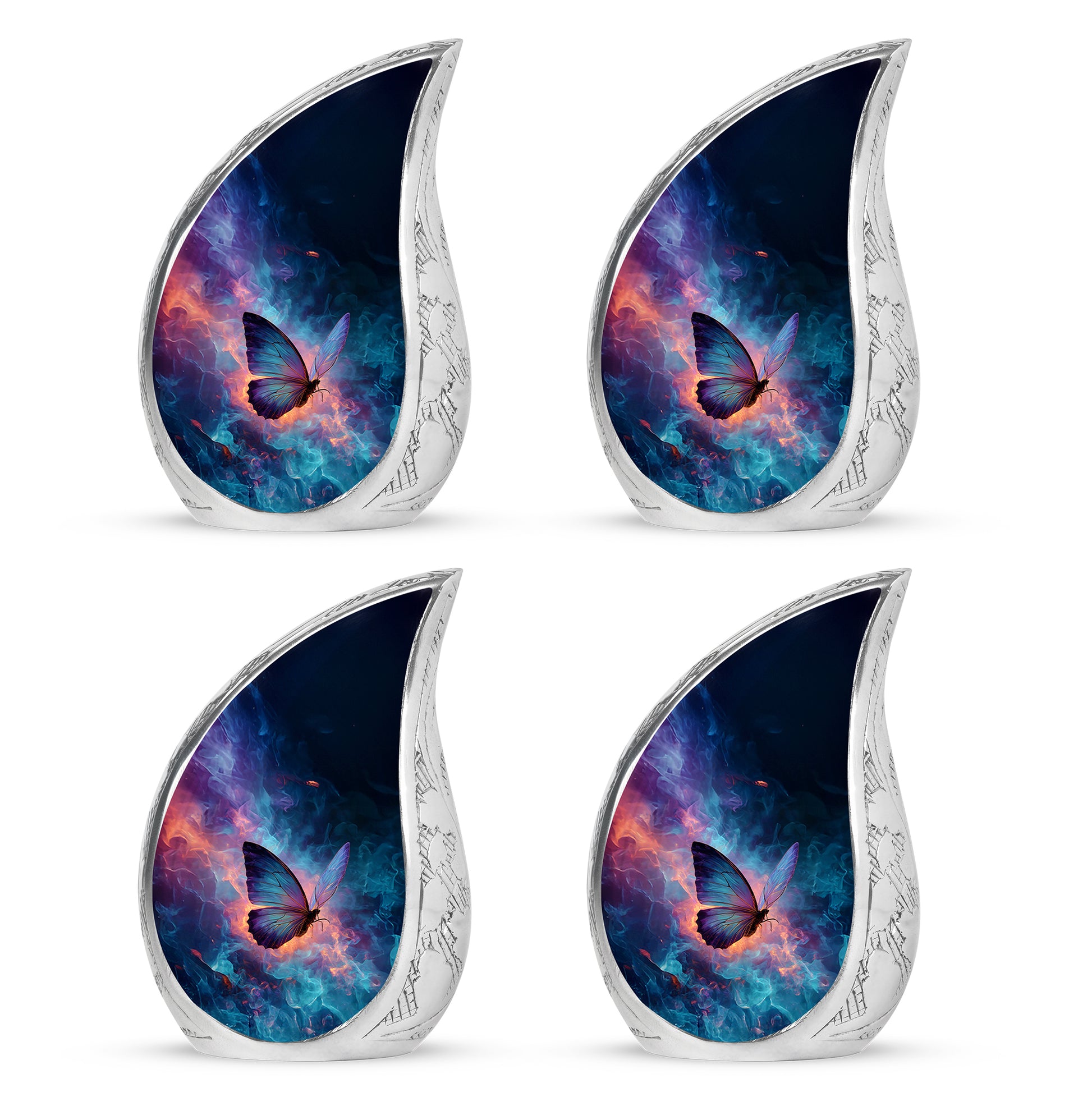 Calming Blue Butterfly Cremation Urn close-up of engraving and surface detail - smooth teardrop contour featuring butterfly art - 10 inch aluminum urn for cremated remains