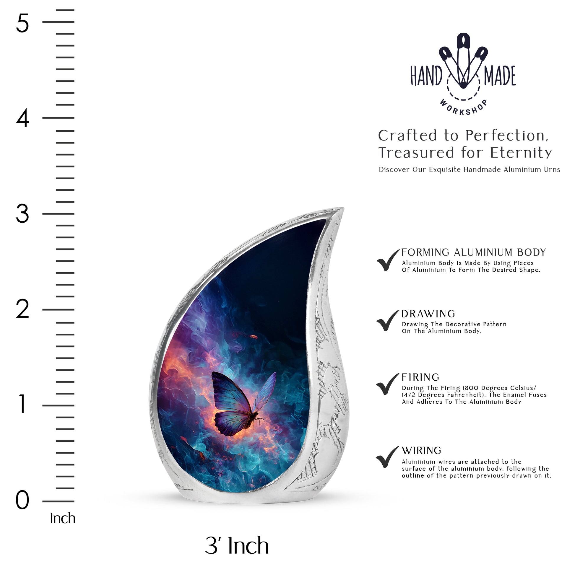 Royal Blue Butterfly Cremation Urn angled view of lid and engraved motif - smooth teardrop contour featuring butterfly art - mini keepsake memorial for portion of cremation ashes