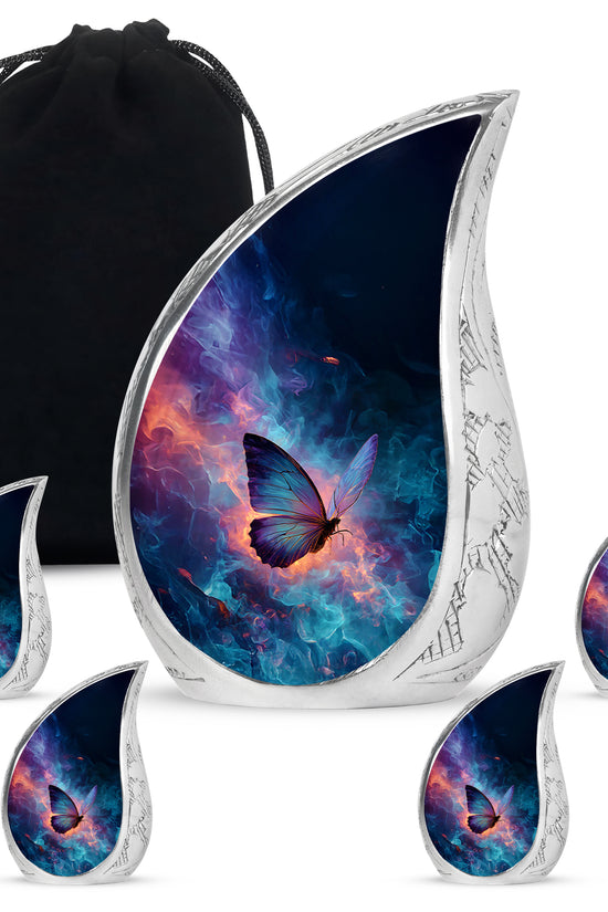 Misty Blue Butterfly Cremation Urn side profile showing urn shape - rounded teardrop butterfly design with delicate detail - memorial set with one large and four small urns