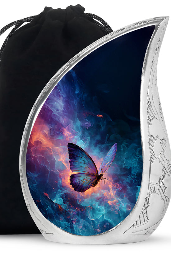 Powder Blue Butterfly Cremation Urn front view showing detailed design - rounded teardrop butterfly design with delicate detail - full-size 10 inch 200 cubic inch adult cremation urn
