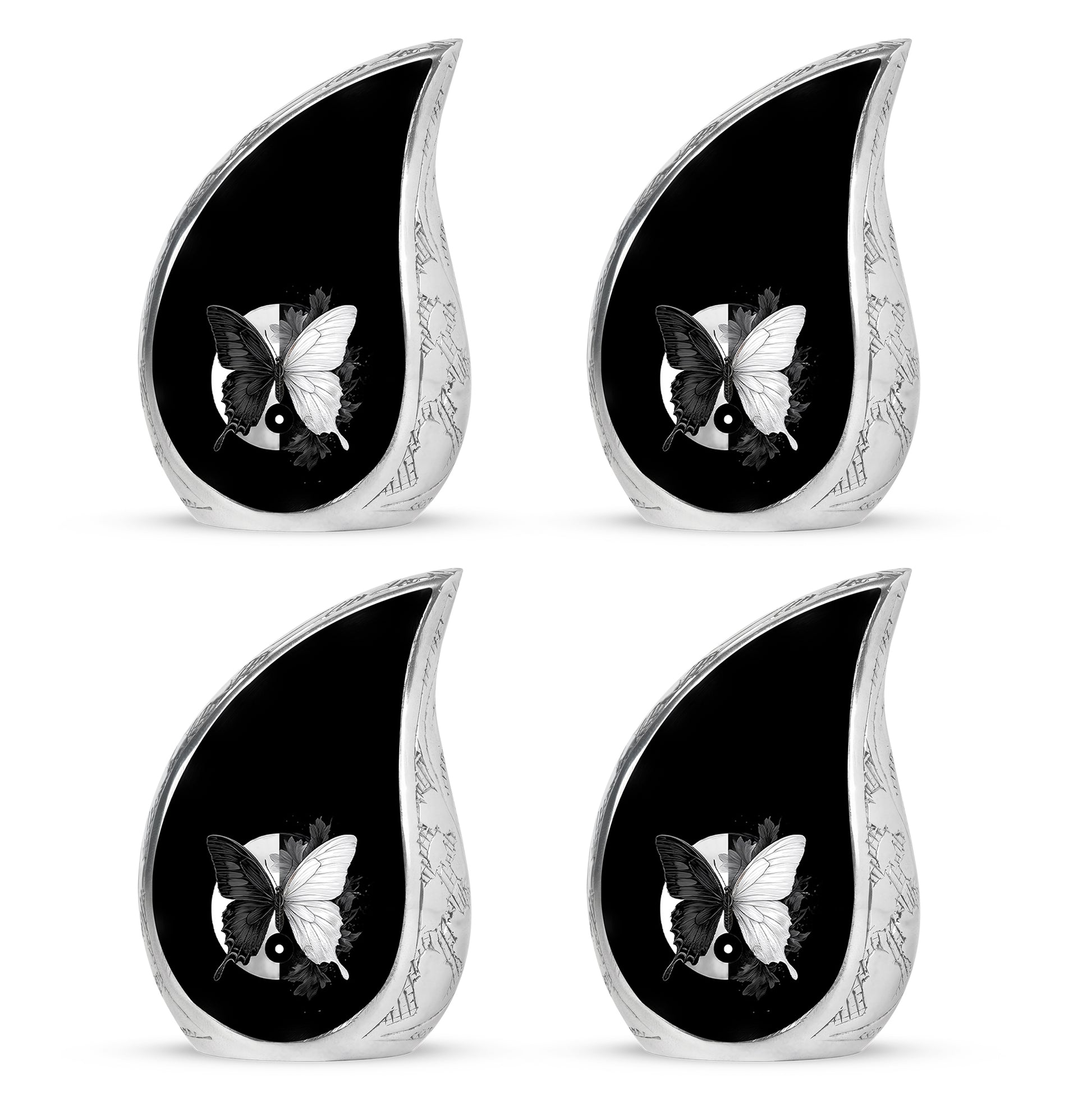 Onyx Black Butterfly Cremation Urn close-up of engraving and surface detail - graceful tear-shaped urn with butterfly motif - 10 inch aluminum urn for cremated remains