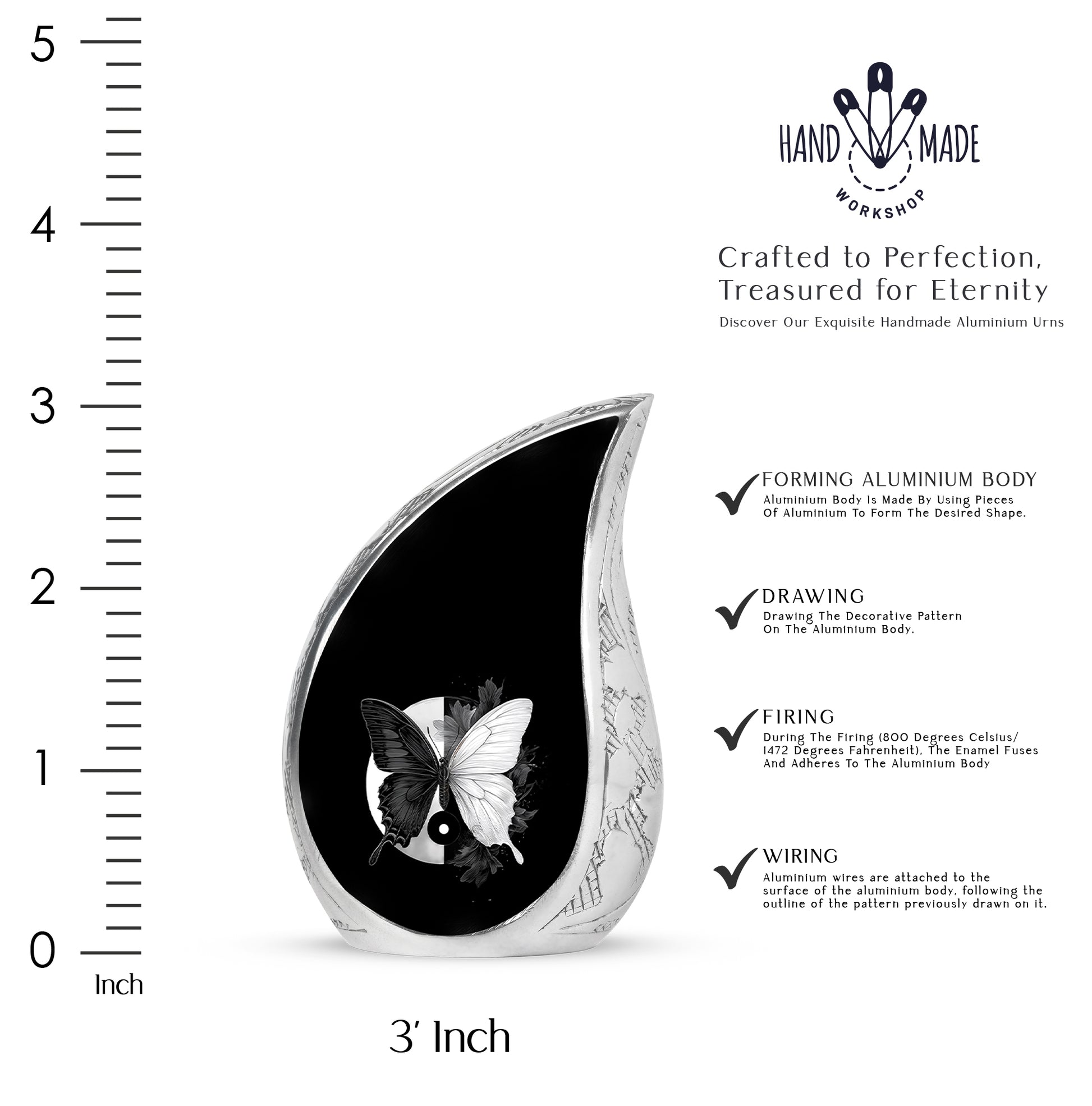 Glossy Black Butterfly Cremation Urn angled view of lid and engraved motif - flowing teardrop butterfly silhouette on curved aluminum - mini keepsake memorial for portion of cremation ashes