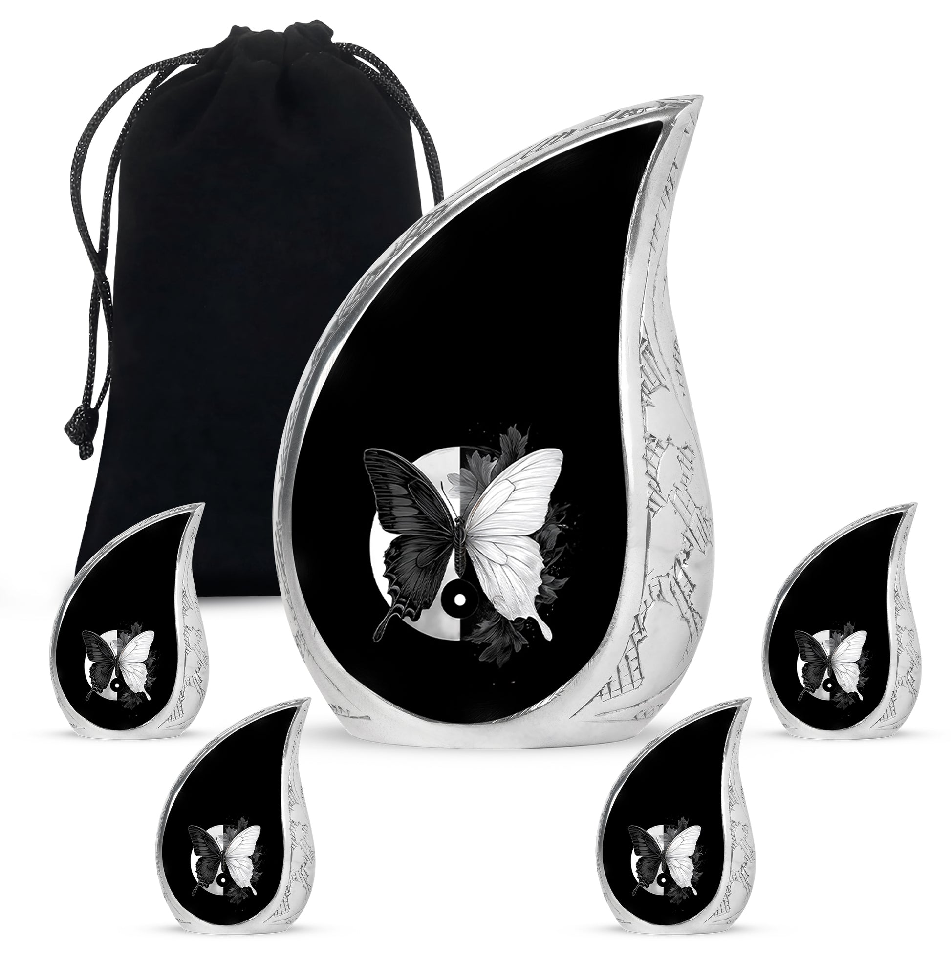 Dark Black Butterfly Cremation Urn side profile showing urn shape - smooth teardrop contour featuring butterfly art - memorial set with one large and four small urns