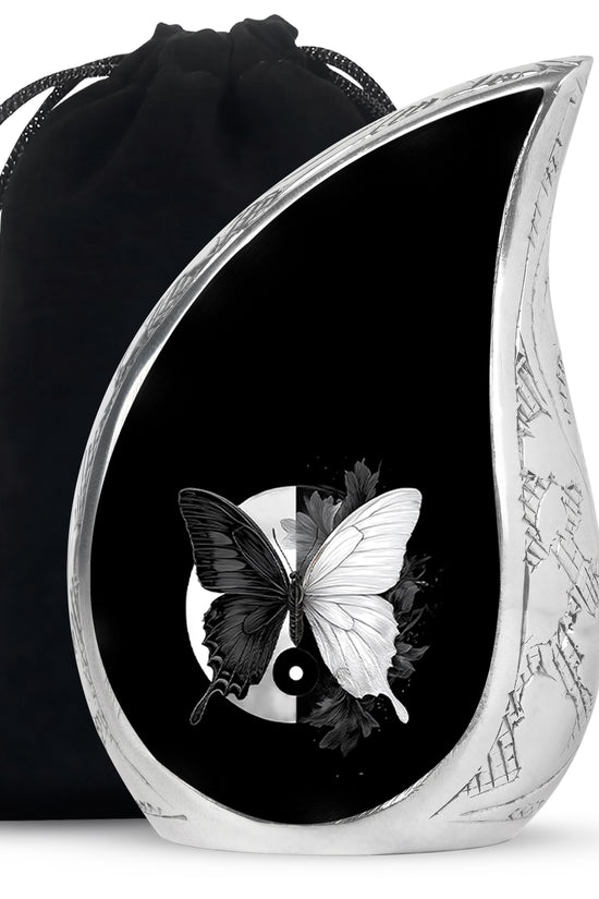 Obsidian Black Butterfly Cremation Urn front view showing detailed design - smooth teardrop contour featuring butterfly art - full-size 10 inch 200 cubic inch adult cremation urn